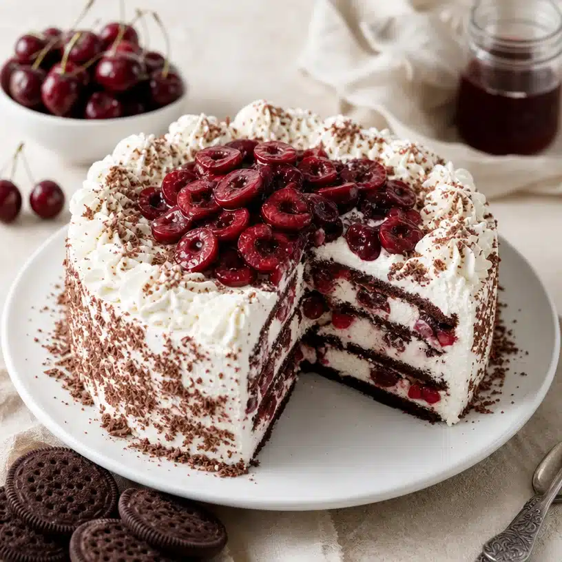 Gluten-free cherry icebox cake with layers of cherries and whipped cream
