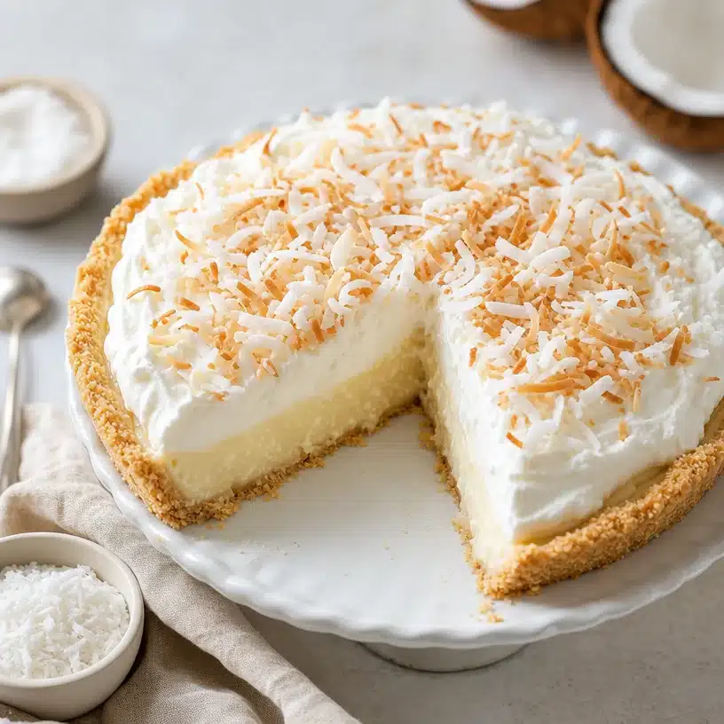 Gluten-free coconut cream pie topped with whipped cream and toasted coconut flakes