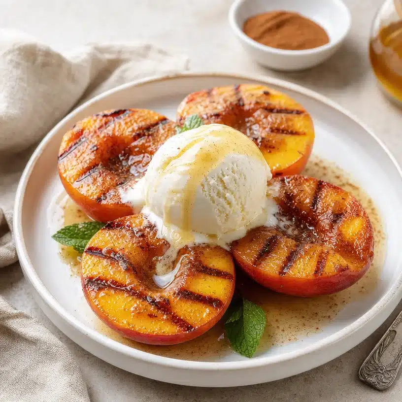 Grilled peaches served with vanilla ice cream for a delicious summer dessert