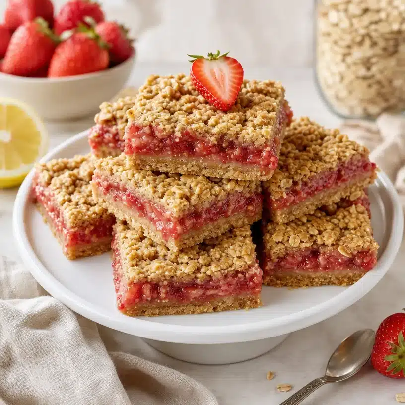 Healthy strawberry oatmeal bars with fresh strawberries and oats on a plate