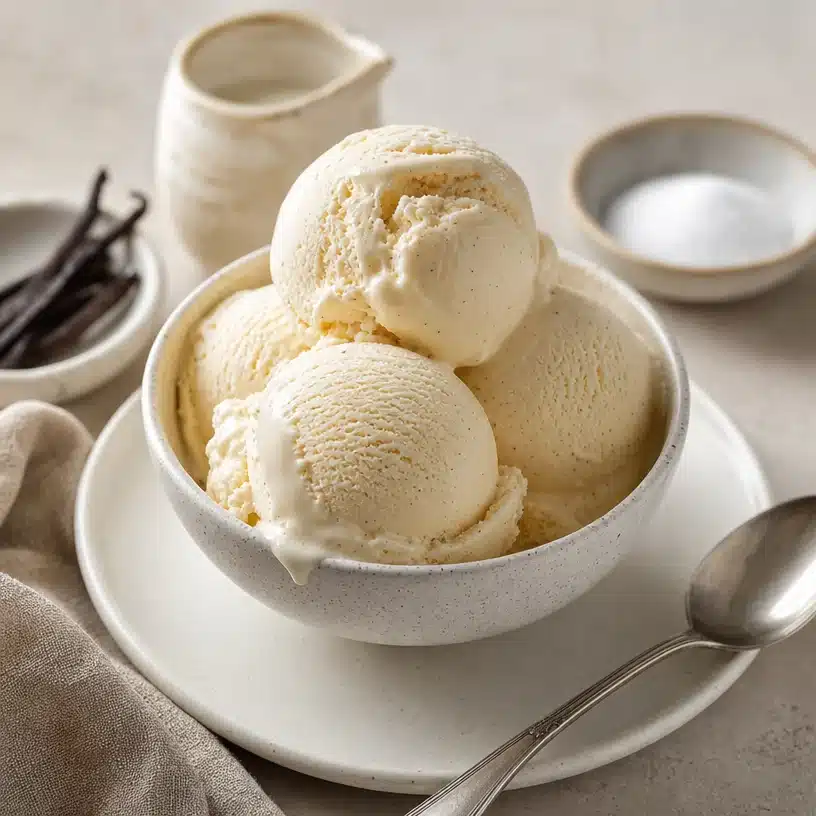Bowl of homemade vanilla ice cream with fresh ingredients