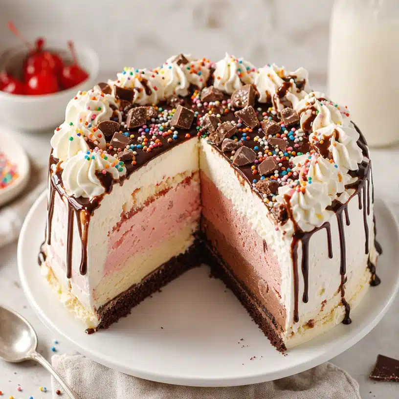 Irresistible Ice Cream Cake Delight with layers of creamy goodness and toppings