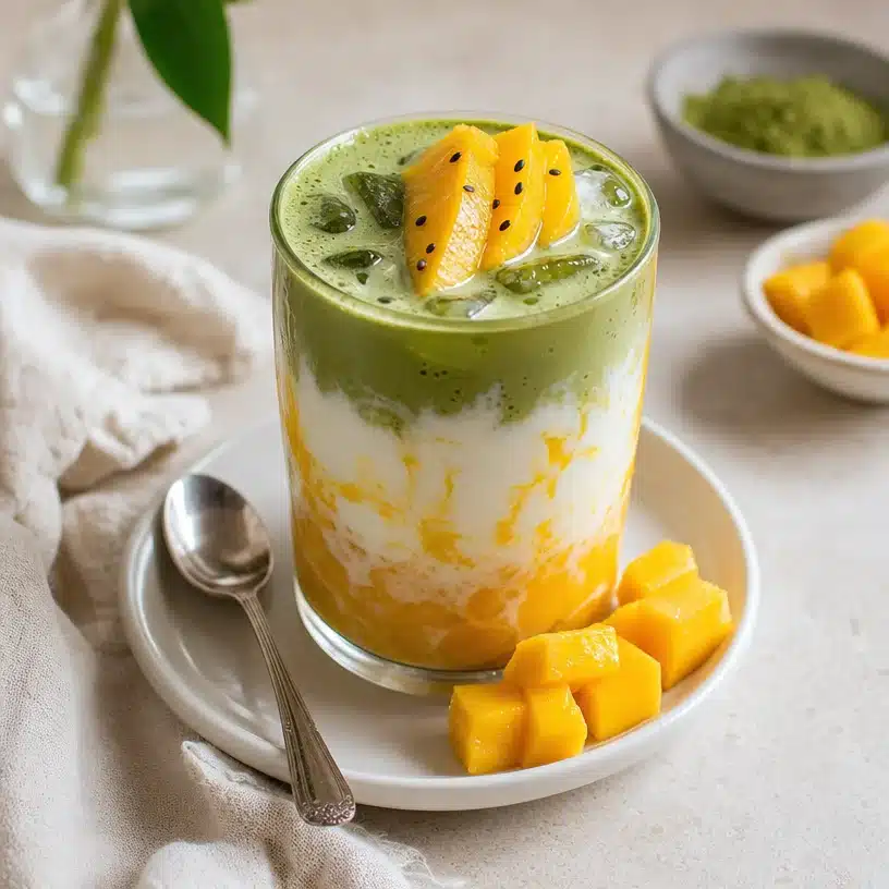 Incredible Mango Sticky Rice Matcha Latte with fresh mango and sticky rice
