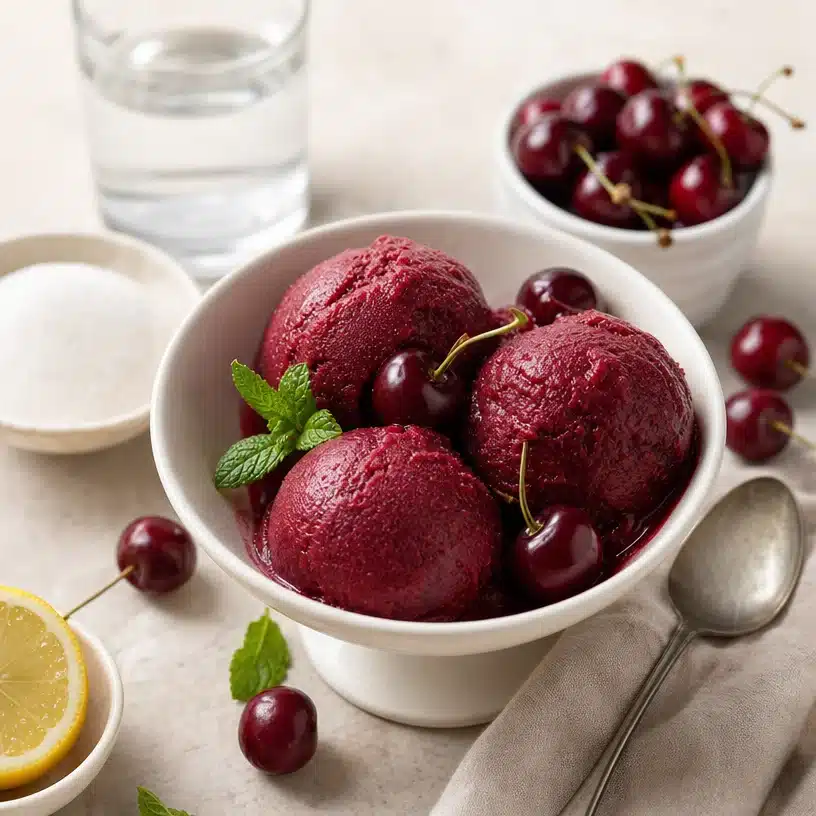 Bowl of irresistible cherry sorbet with fresh cherries on top
