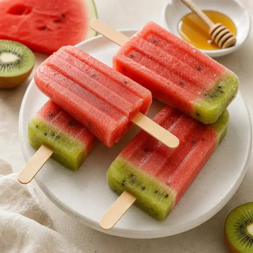 Homemade Kiwi Watermelon Popsicles in bright colors