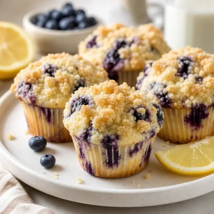 Freshly baked lemon blueberry muffins with a buttery crumb topping