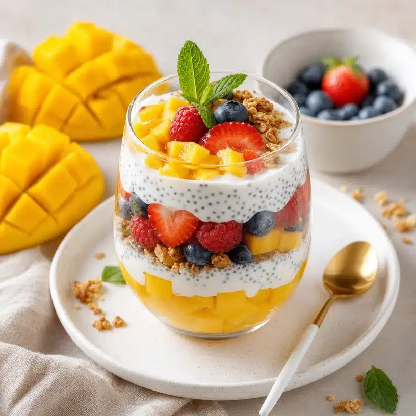 Delicious Mango Berry Parfait with layers of yogurt, mango, and berries
