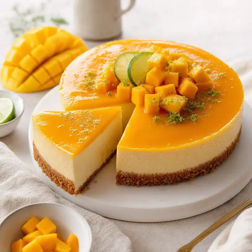 Mango Cheesecake topped with fresh mango slices and mint leaves