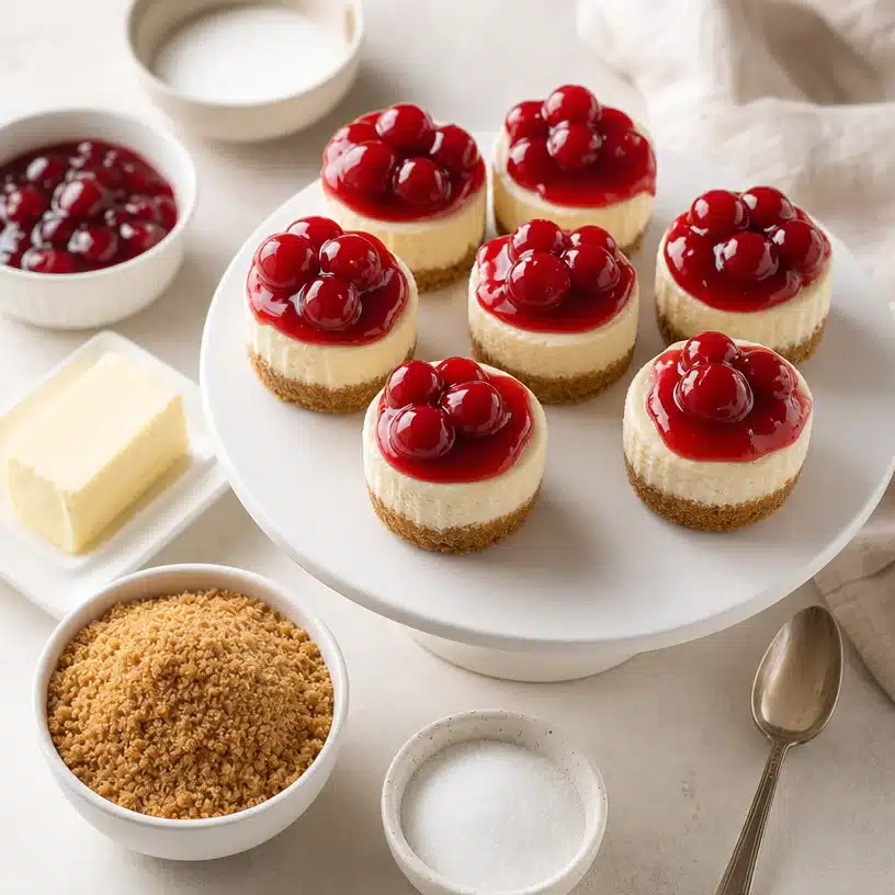 Mini cherry cheesecakes arranged on a platter, topped with fresh cherries.
