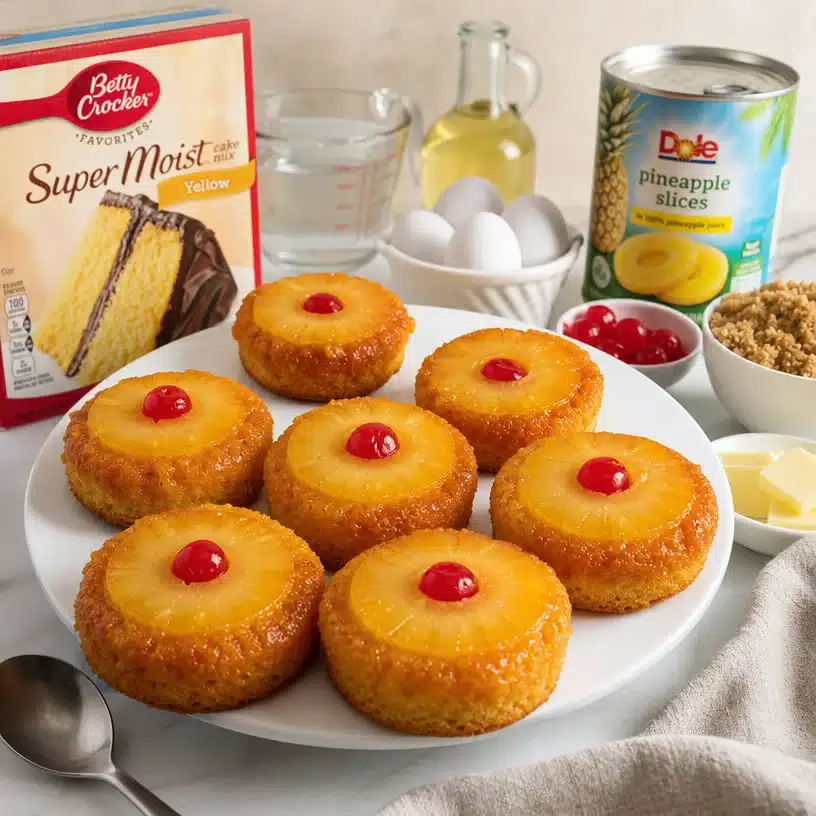 Mini Pineapple Upside Down Cakes on a dessert platter