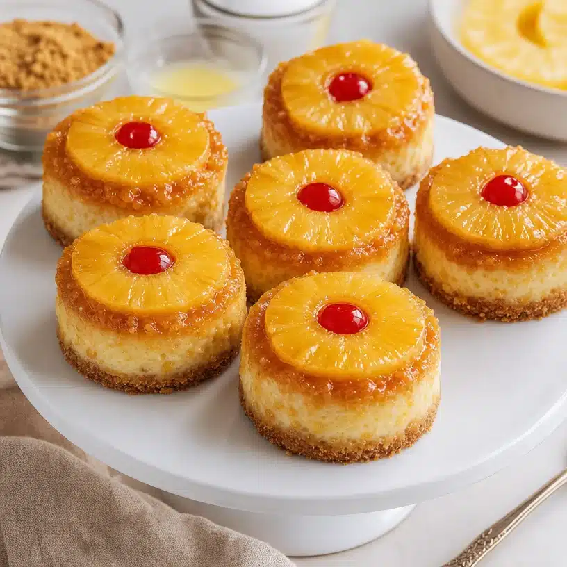 Mini pineapple upside down cheesecakes with a cherry topping