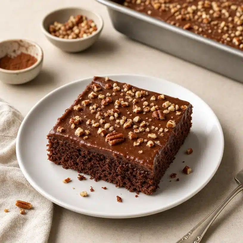 Mini Texas Sheet Cake topped with chocolate frosting and pecans
