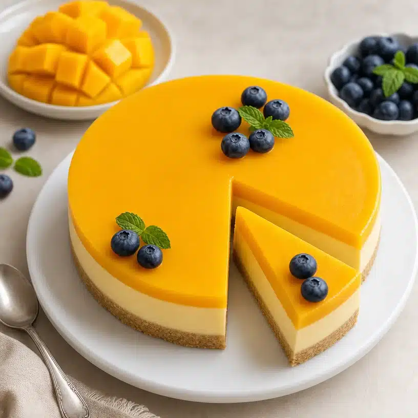 No-bake mango panna cotta dessert garnished with fresh mango slices