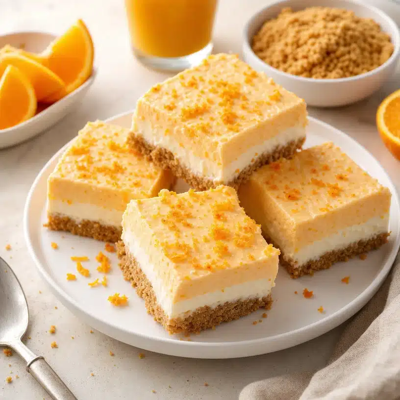No-Bake Orange Creamsicle Dream Bars garnished with whipped cream