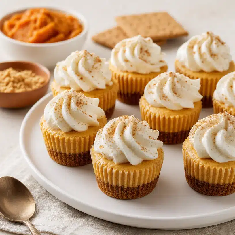 No bake pumpkin mini cheesecakes topped with whipped cream and cinnamon.