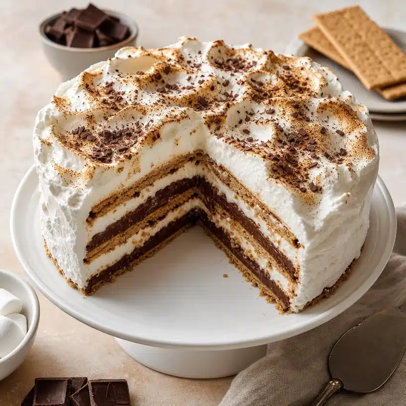 Delicious No Bake S'mores Cake layered with chocolate, marshmallows, and graham crackers.