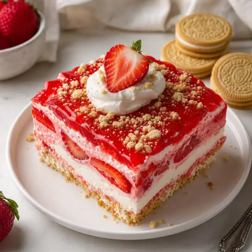 No-bake strawberry jello lasagna in a glass dish with fresh strawberries.
