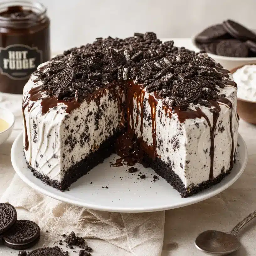 Delicious Oreo Ice Cream Cake with chocolate and creamy layers