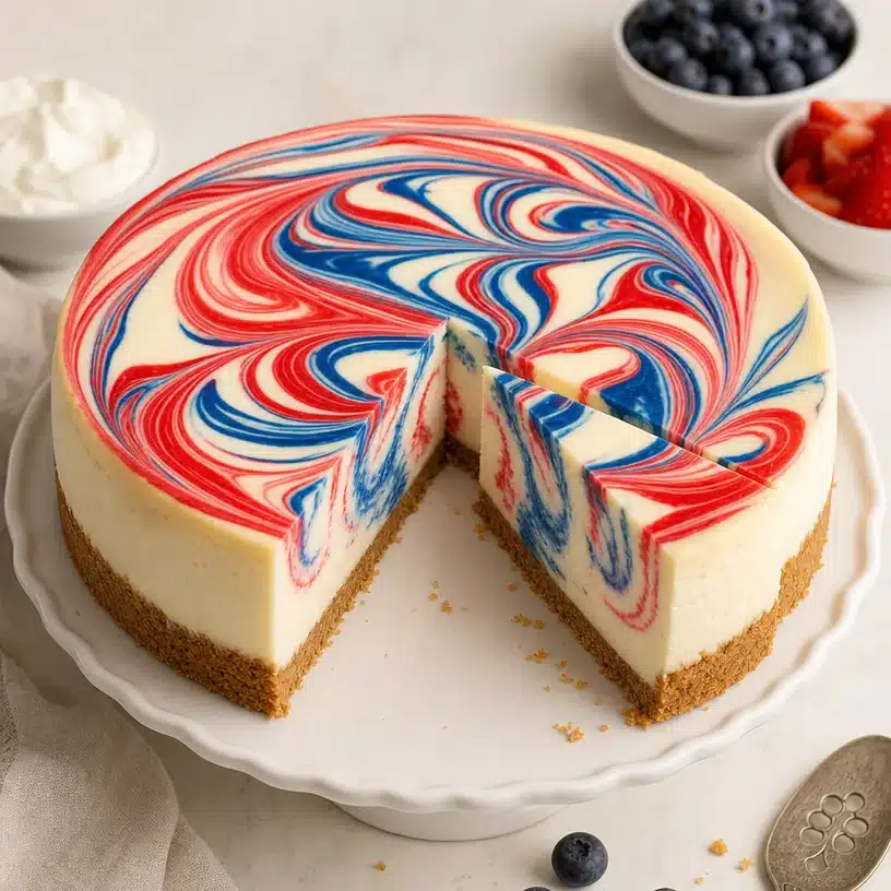 Delicious Patriotic Swirl Cheesecake decorated with red, white, and blue swirls