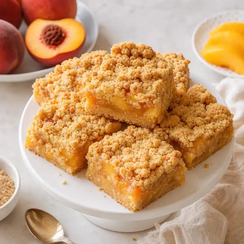 Delicious homemade peach crumble bars with a golden crumb topping