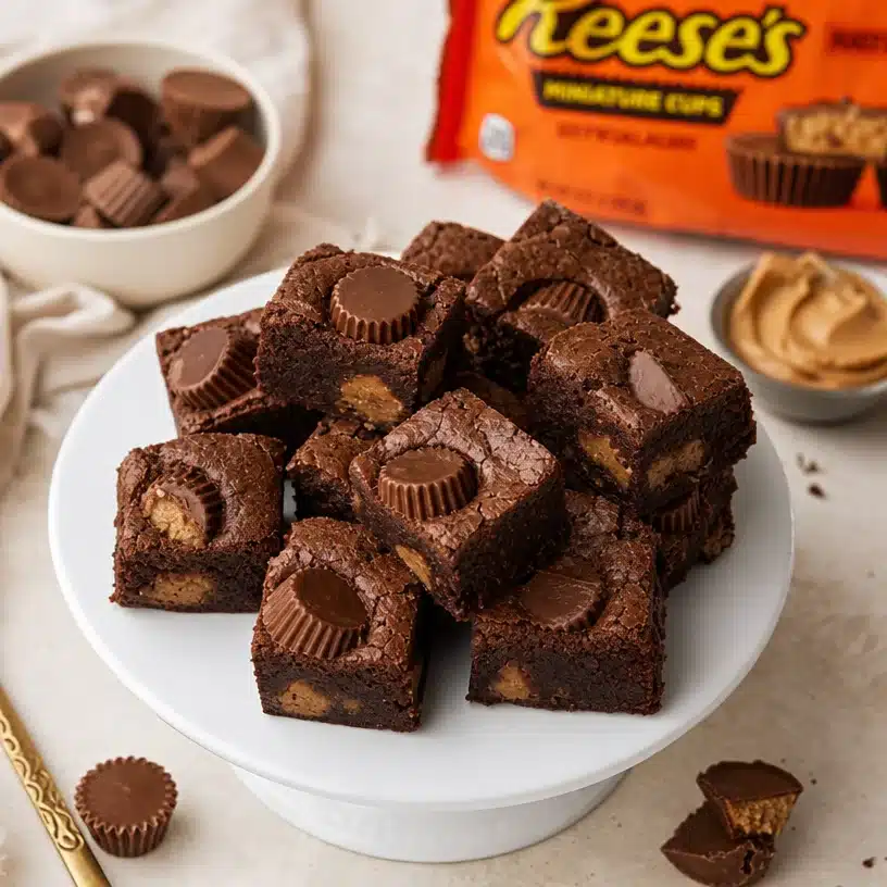 Delicious Peanut Butter Cup Brownie Bites on a plate
