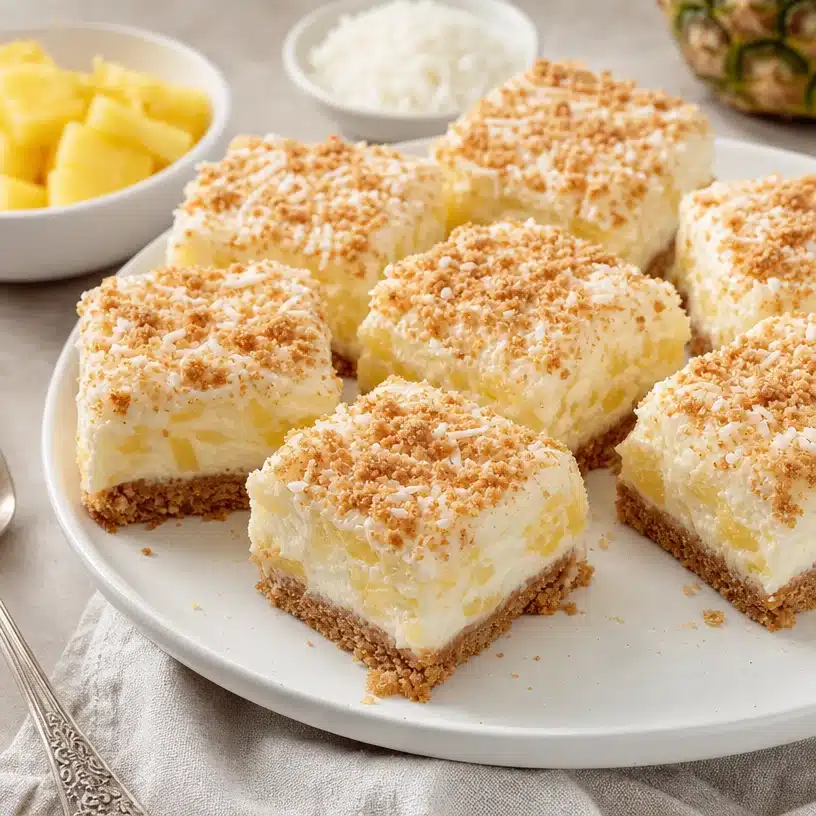Delicious Pineapple Bliss Bars stacked on a plate for a tropical treat.