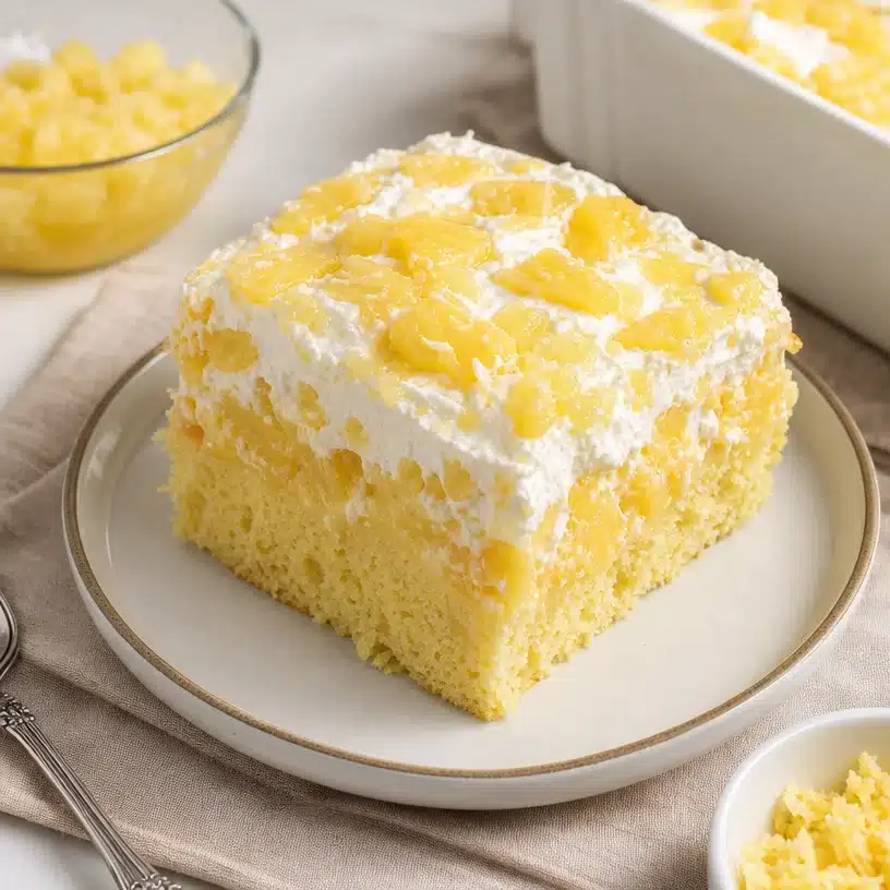 Delicious Pineapple Sunshine Cake topped with fluffy frosting and fresh pineapple slices.