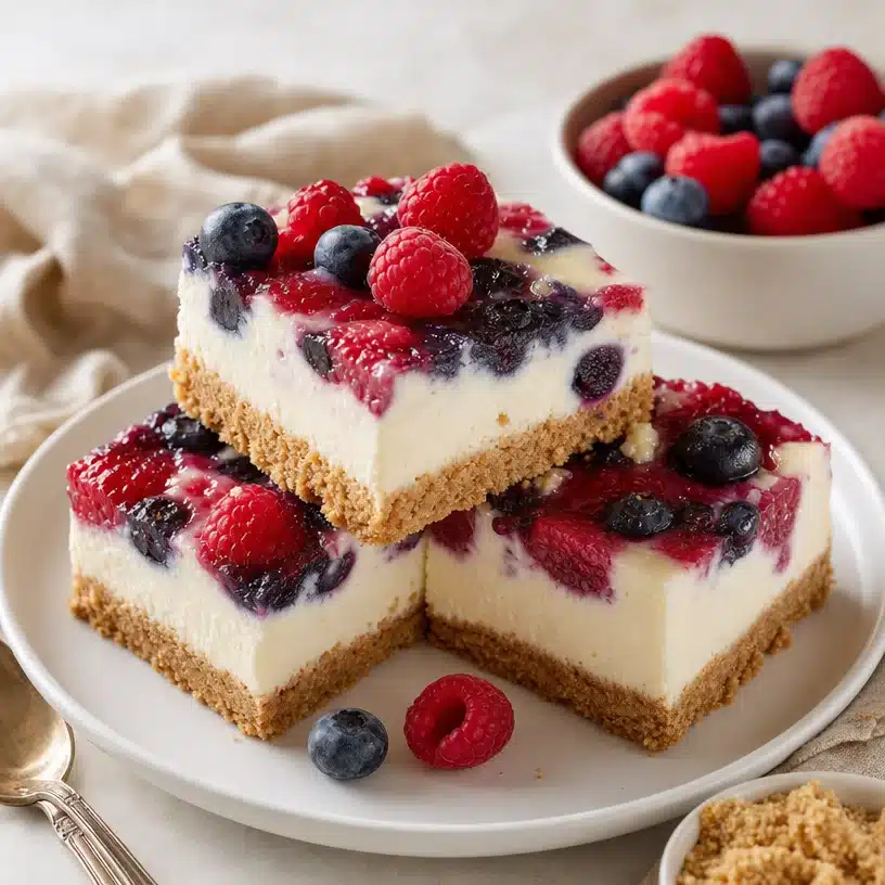 Red, White, and Blue Cheesecake Bars with berries and a creamy filling