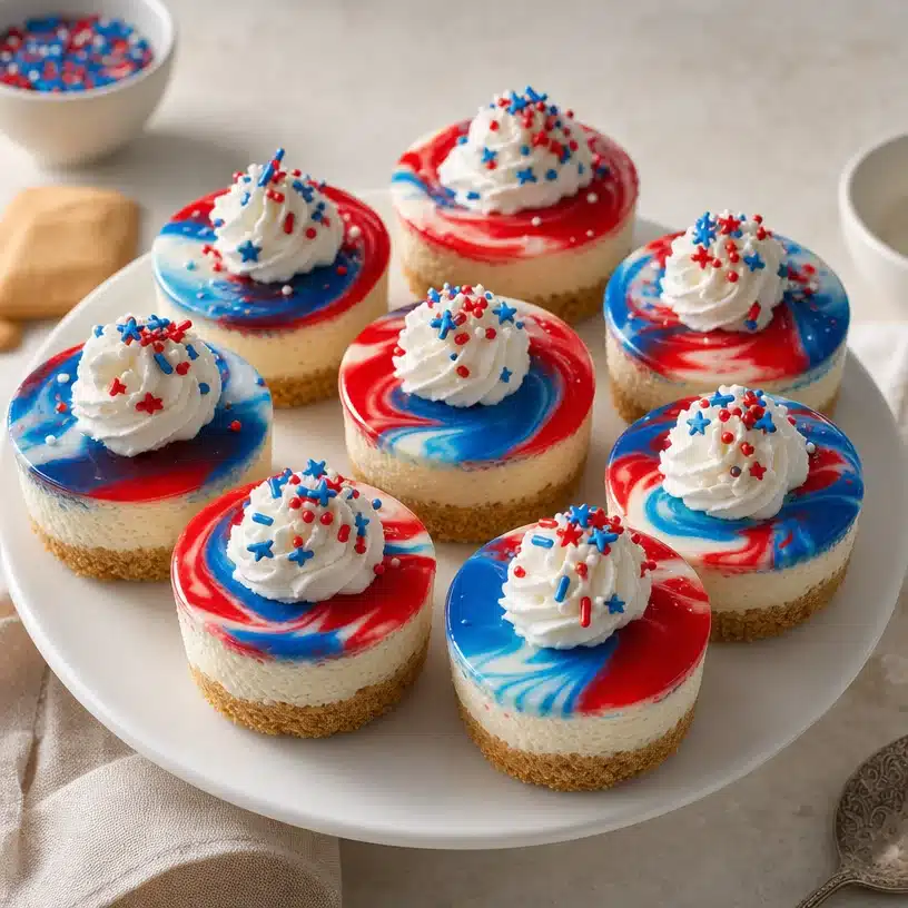 Red, White and Blue Mini Cheesecakes 3 Red, White, and Blue Mini Cheesecakes decorated for a festive celebration
