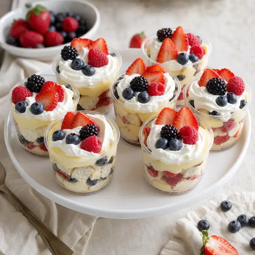Red, White, and Blueberry mini trifles served in glass cups with layers of cream and berries.