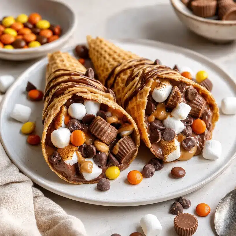 Delicious Reese's Campfire Cones with chocolate and marshmallows