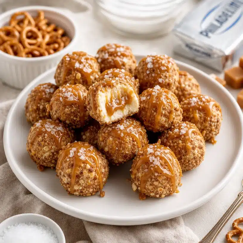 Salted caramel pretzel cheesecake balls on a plate with a drizzle of caramel