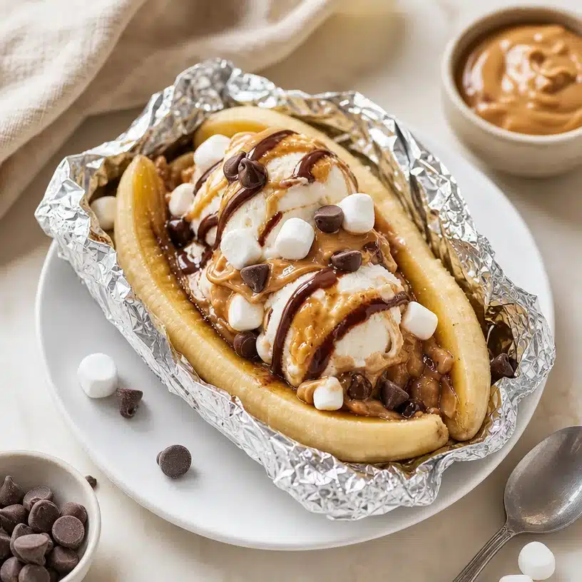 Delicious campfire banana splits served with toppings