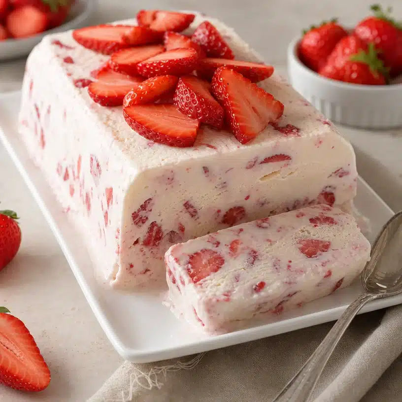 Bowl of homemade simple strawberry ice cream topped with fresh strawberries