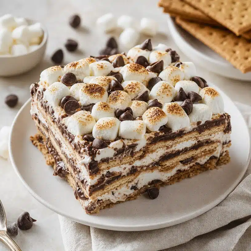 Delicious S'mores Icebox Cake layered with chocolate and marshmallows