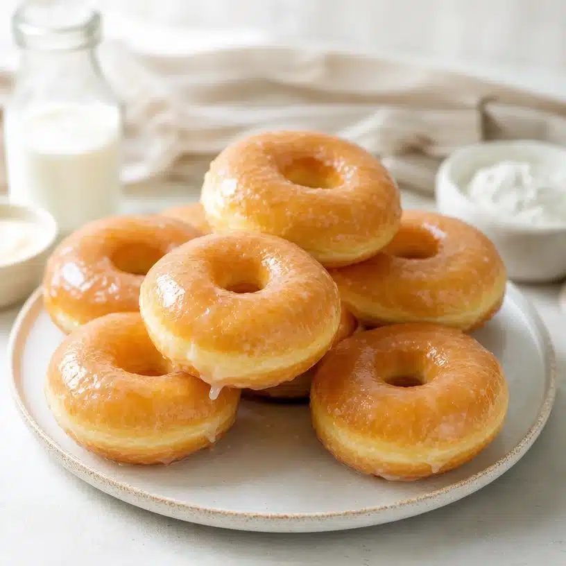 Soft homemade donuts with rich buttery dough on a plate, freshly baked.