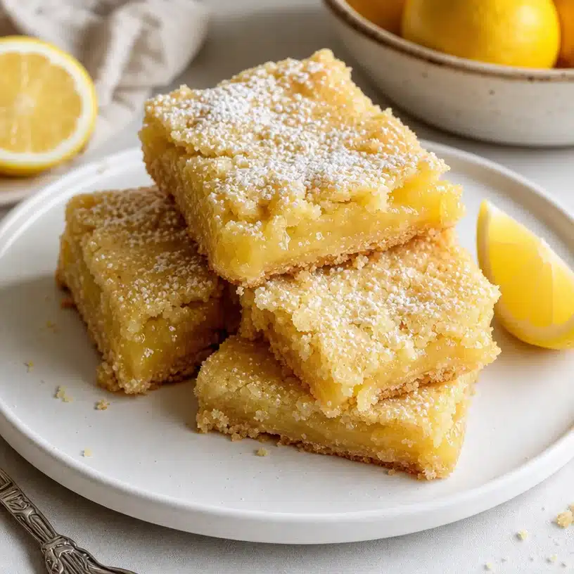 Soft lemon cookie bars with gooey lemon filling on a white plate