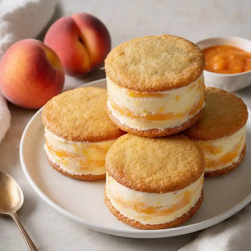 Soft Peach Ice Cream Sandwiches 3 Soft peach ice cream sandwiches with peach-flavored ice cream and cookie layers