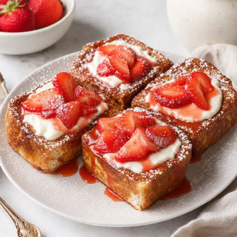 Delicious Strawberry Cheesecake French Toast topped with fresh strawberries and syrup.