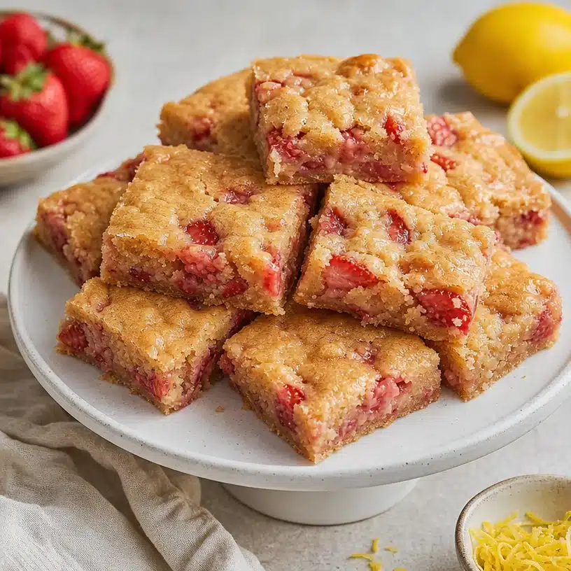 Delicious strawberry lemon blondies topped with fresh strawberries and zest.