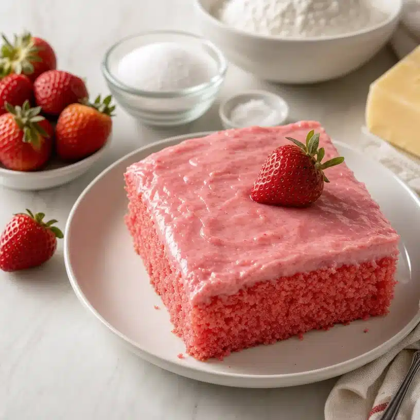 Delicious Strawberry Texas Sheet Cake topped with fresh strawberries and creamy frosting