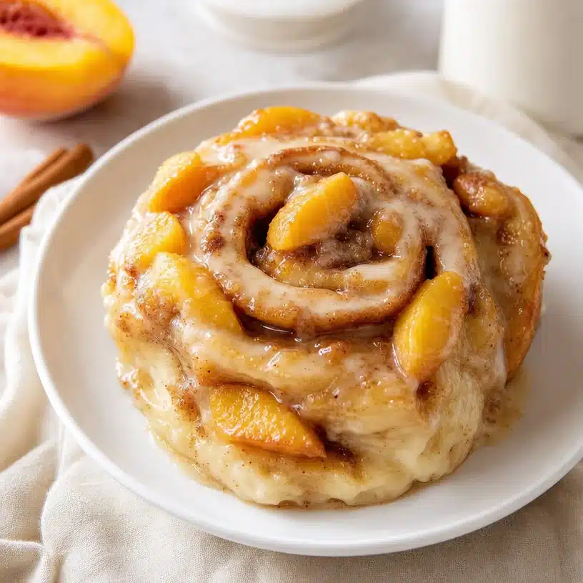 Sweet Peach Cobbler Cinnamon Rolls 3 Sweet Peach Cobbler Cinnamon Rolls with fresh peaches and cinnamon glaze.