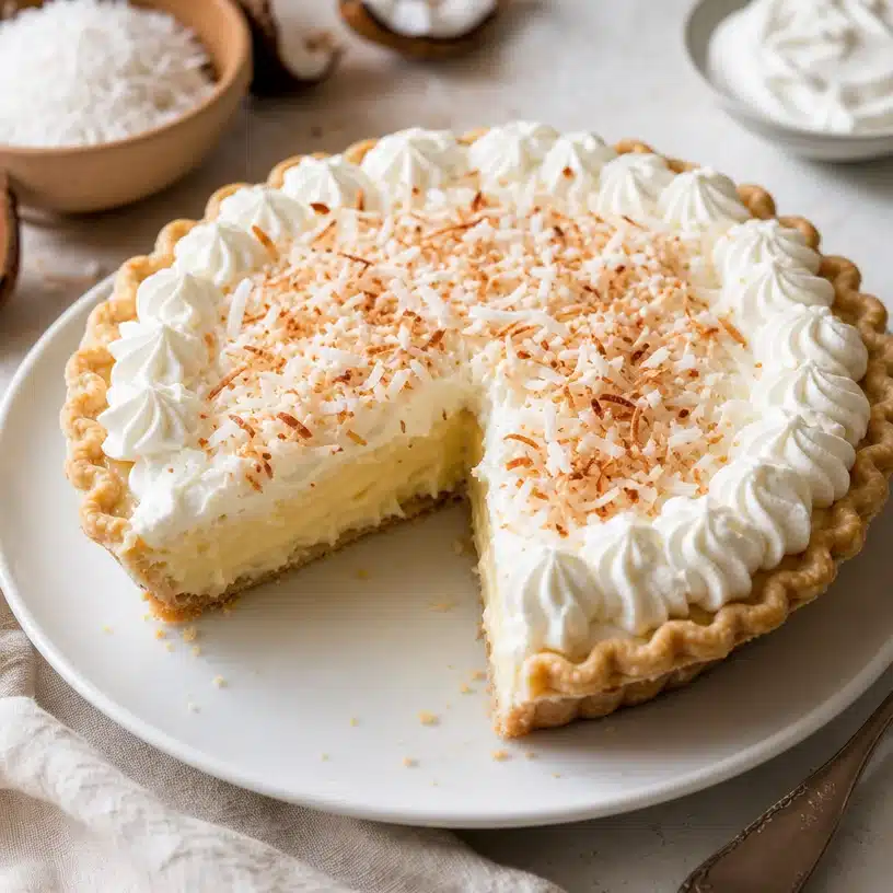 Slice of the best coconut cream pie topped with whipped cream and shredded coconut