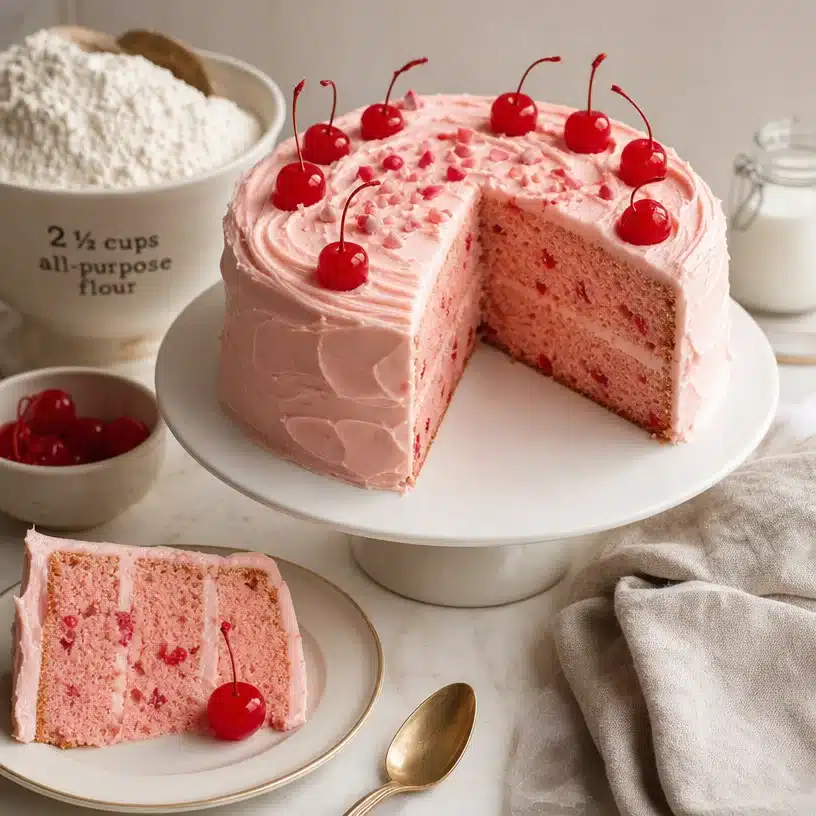 Delicious vintage maraschino cherry cake with vibrant cherries on top