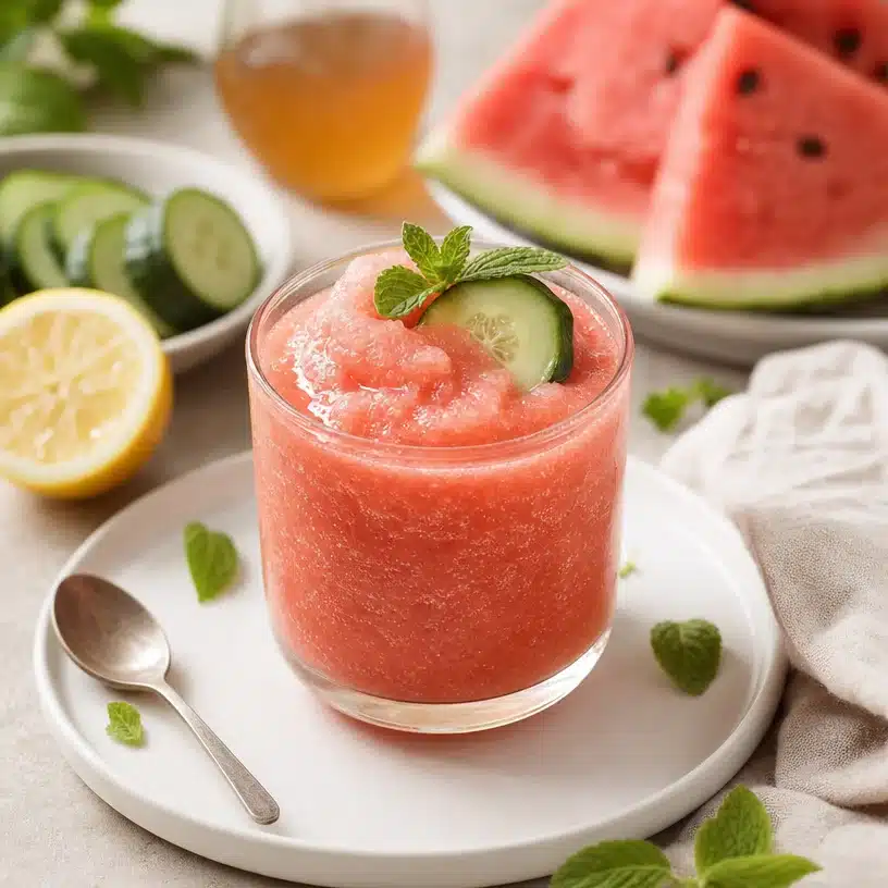 Refreshing Watermelon Cucumber Slushies served in a glass with mint leaves
