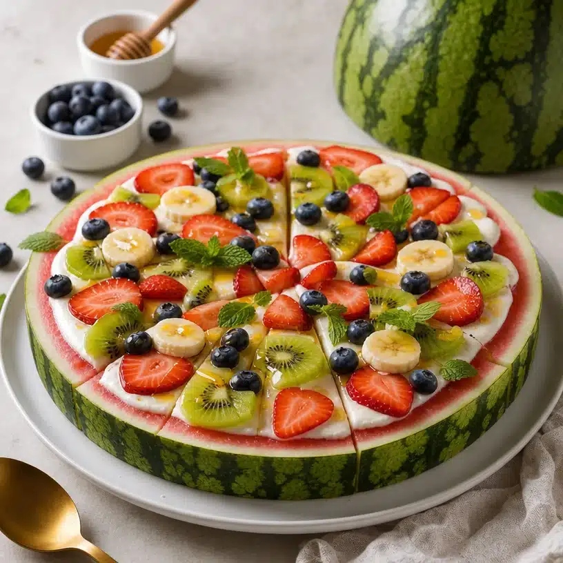 Delicious homemade watermelon pizza topped with fruits and mint leaves.