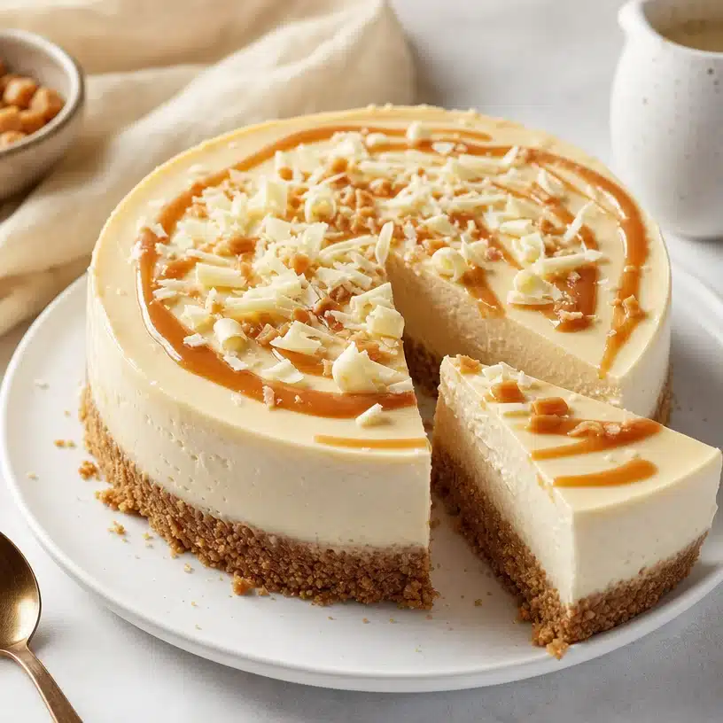 Delicious white chocolate caramel cheesecake with a biscuit base on a plate